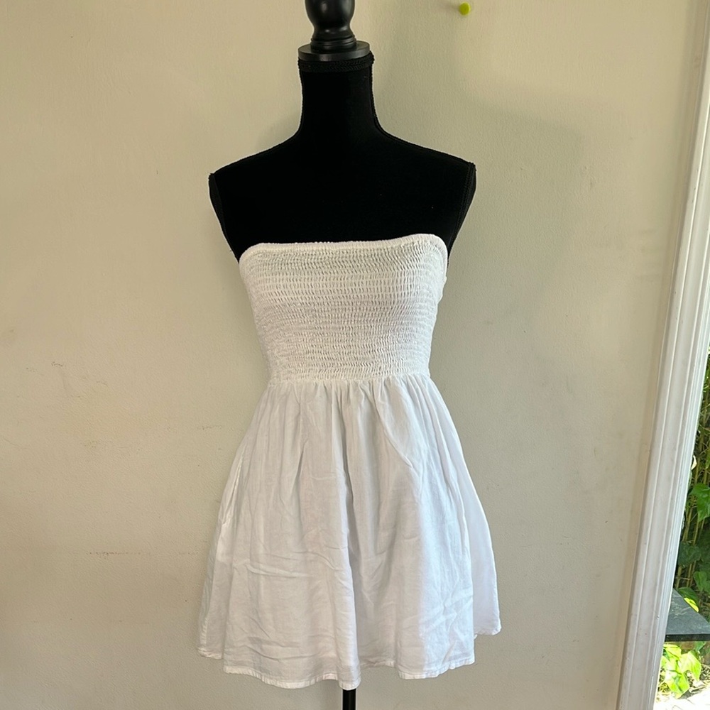 White Strapless Smocked Dress by Fire Los Angeles